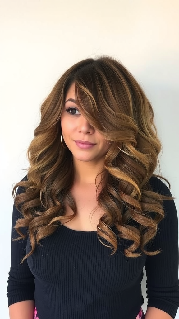 A woman with layered, curly hair styled in a butterfly cut.