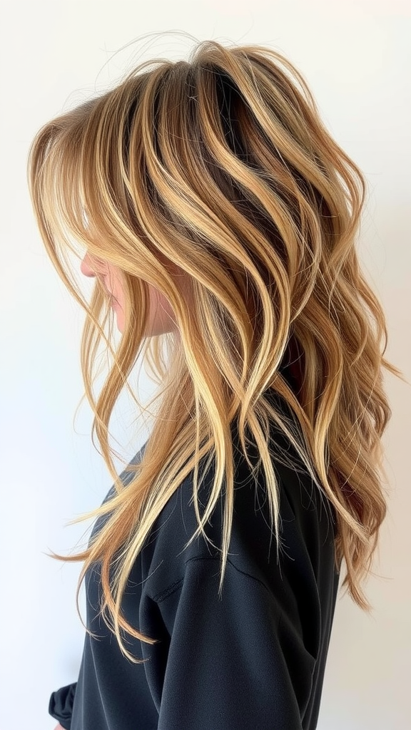 A woman with long, wavy, blonde hair styled in a messy butterfly hairstyle.