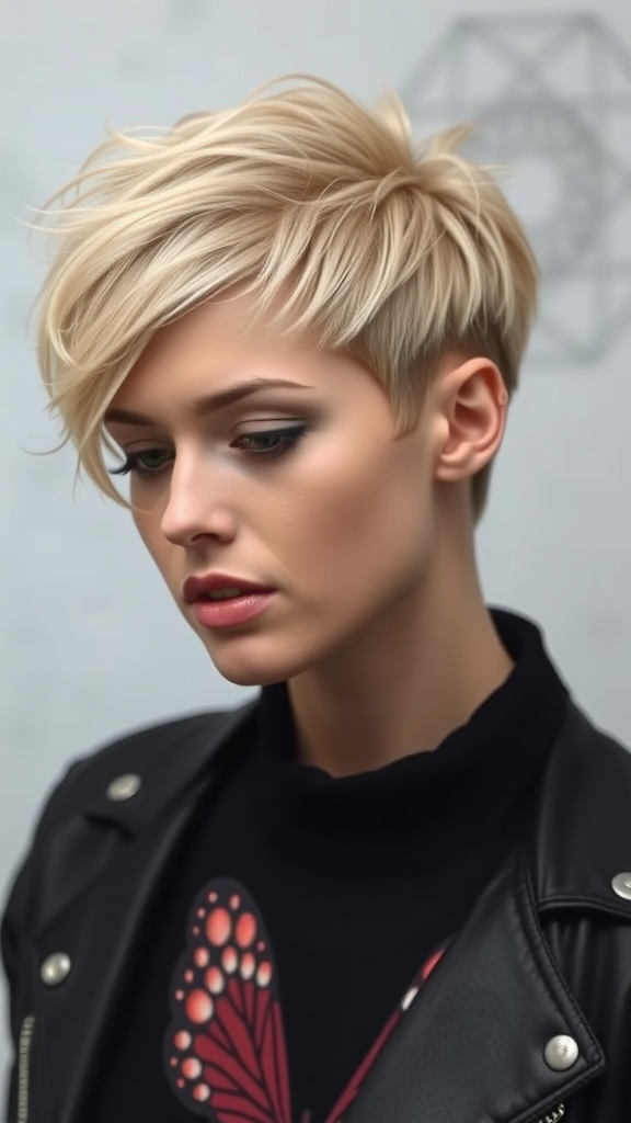 A woman with a textured pixie haircut, wearing a black leather jacket and a butterfly-printed sweater.